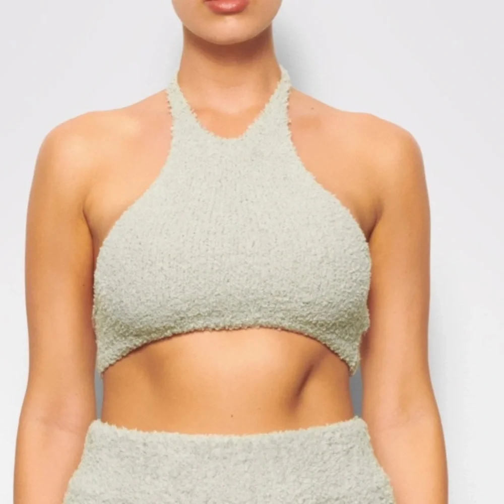 Skims Cozy Knit Halter Bra Top Aqua Loungewear NWT-Small/Medium